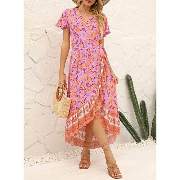 ZESICA Pink & Orange Floral Bohemian Wrap V-Neck Ruffle Flowy Midi Dress Size S - Picture 1 of 11